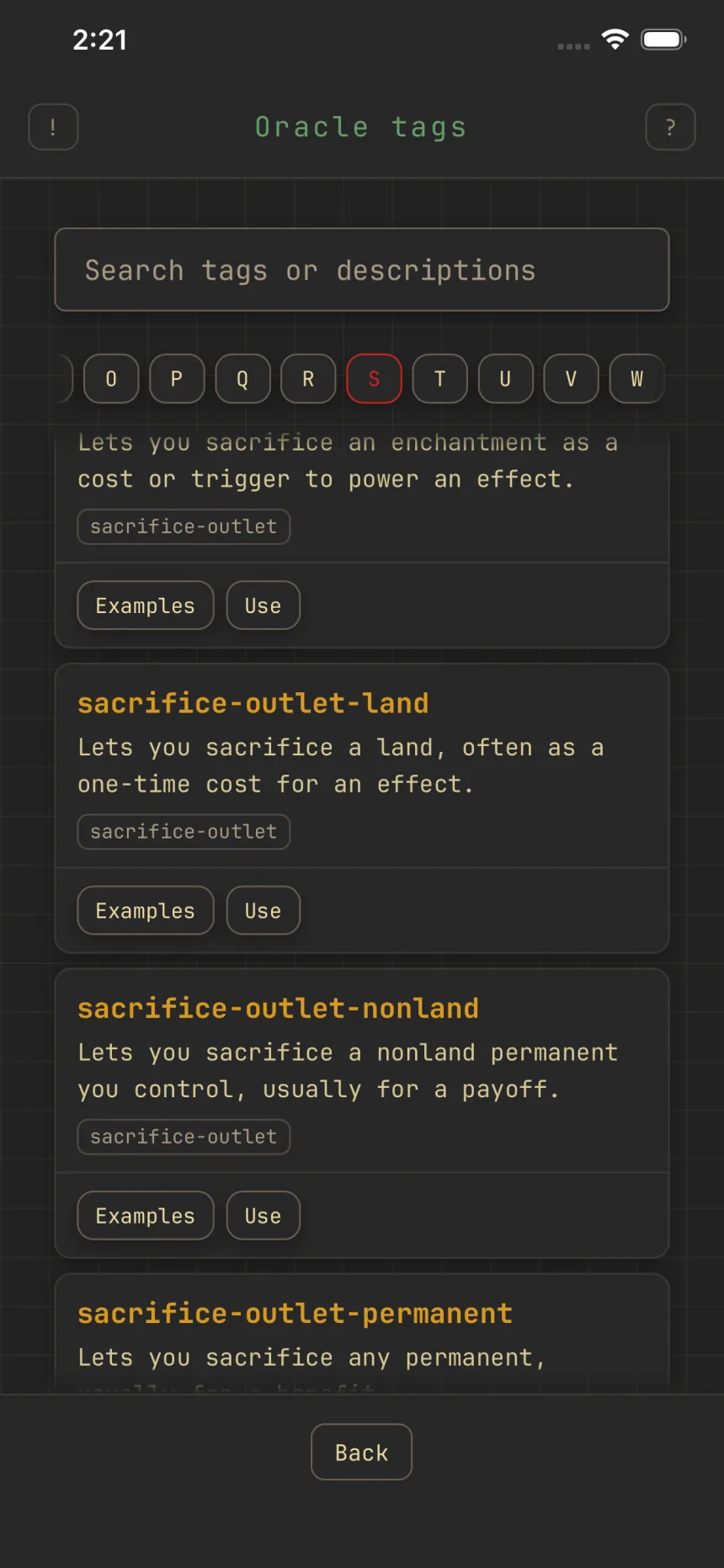 The dictionary on the letter S, each entry showing its description and parent tag