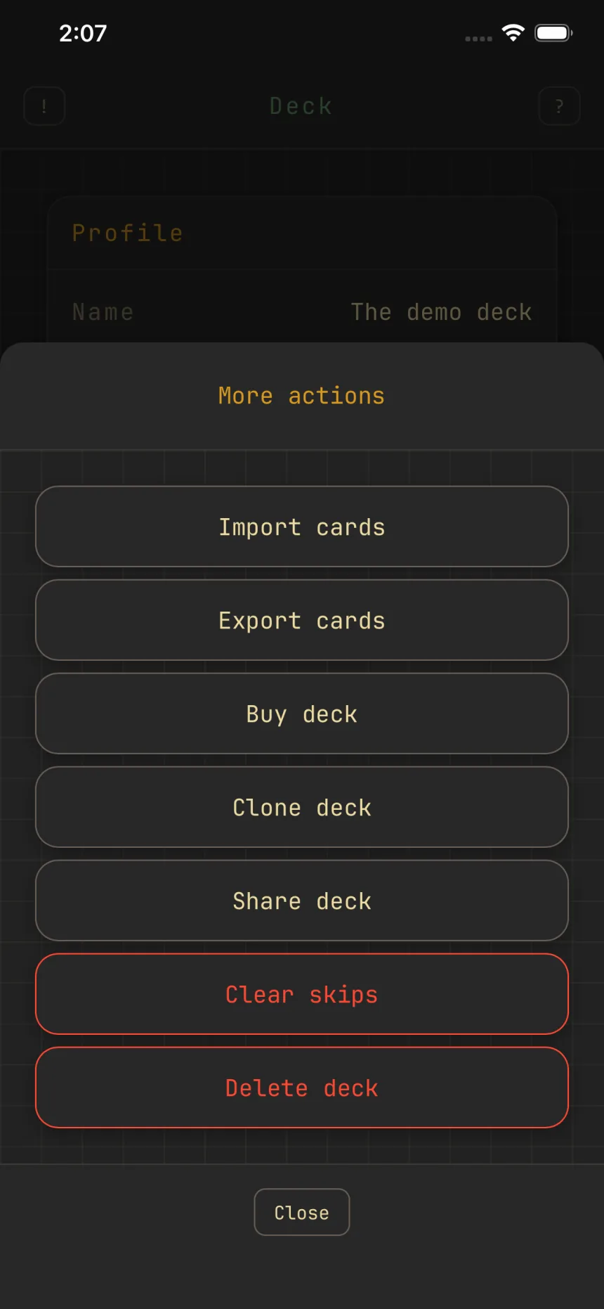 The deck's More actions sheet with Clear skips among the actions