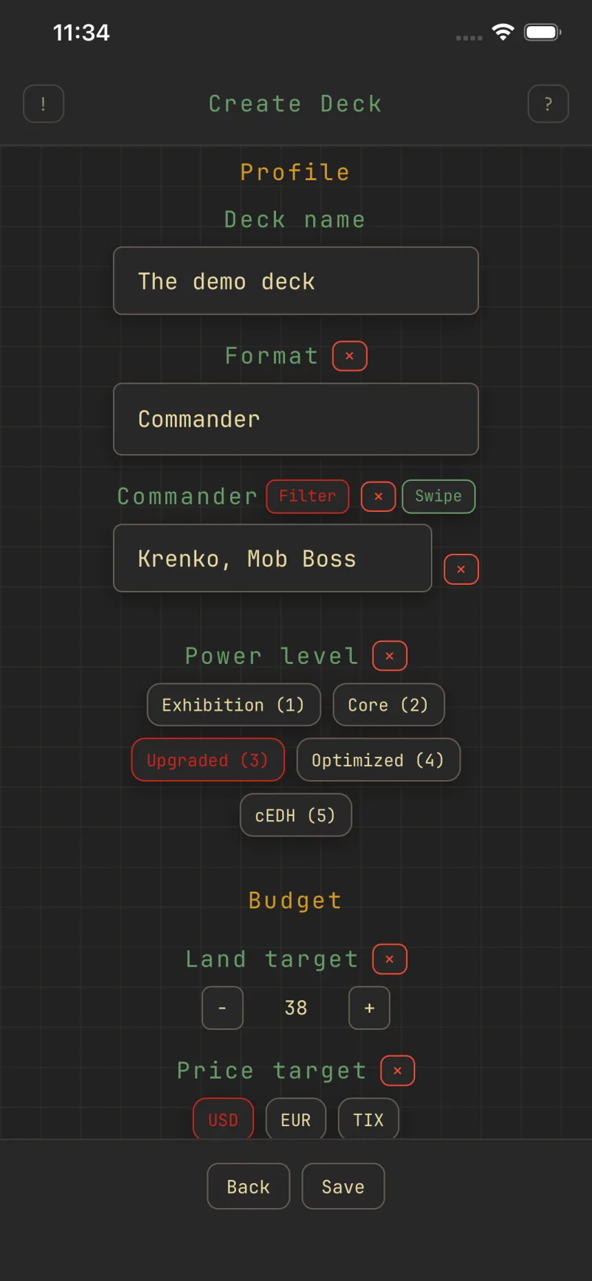 The Create Deck form with a name typed, the Commander format picked, and Krenko, Mob Boss as commander