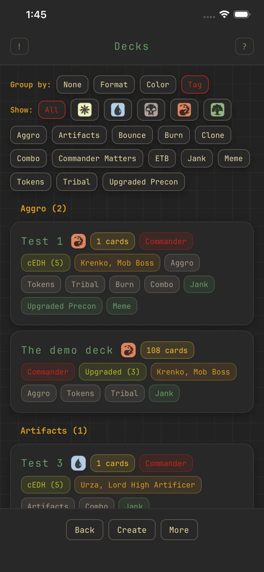 The deck list grouped by Tag: Aggro and Artifacts sections with the Show pips and tag chips above