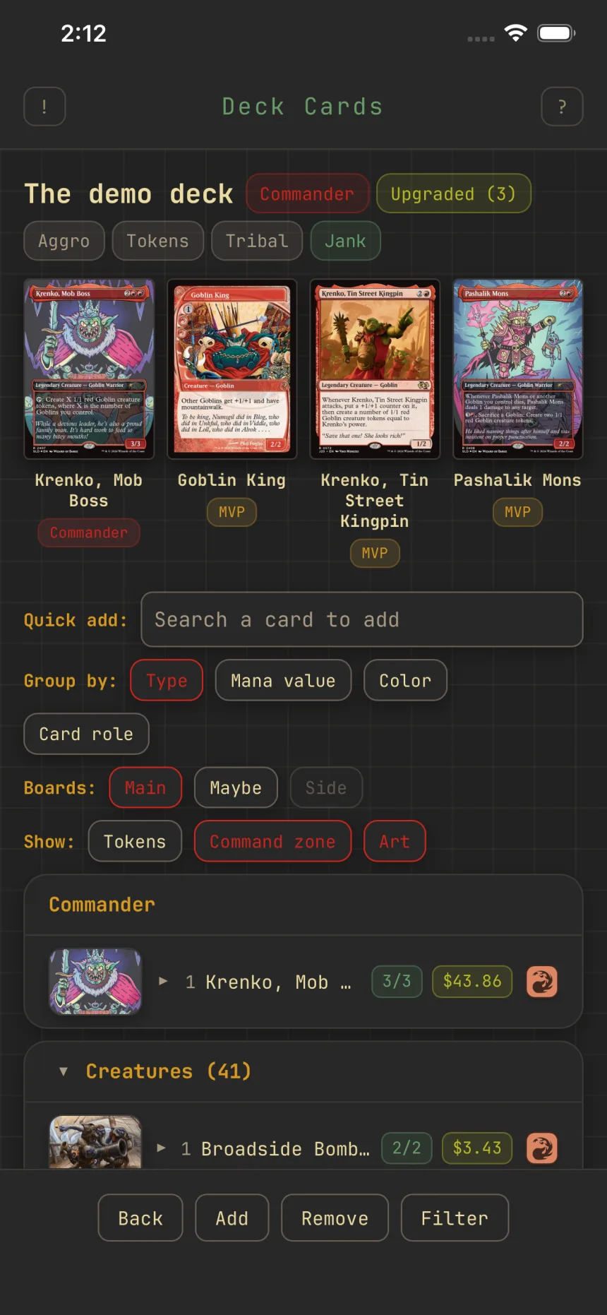 A deck's featured strip: the commander beside three starred MVPs, each labeled under its card
