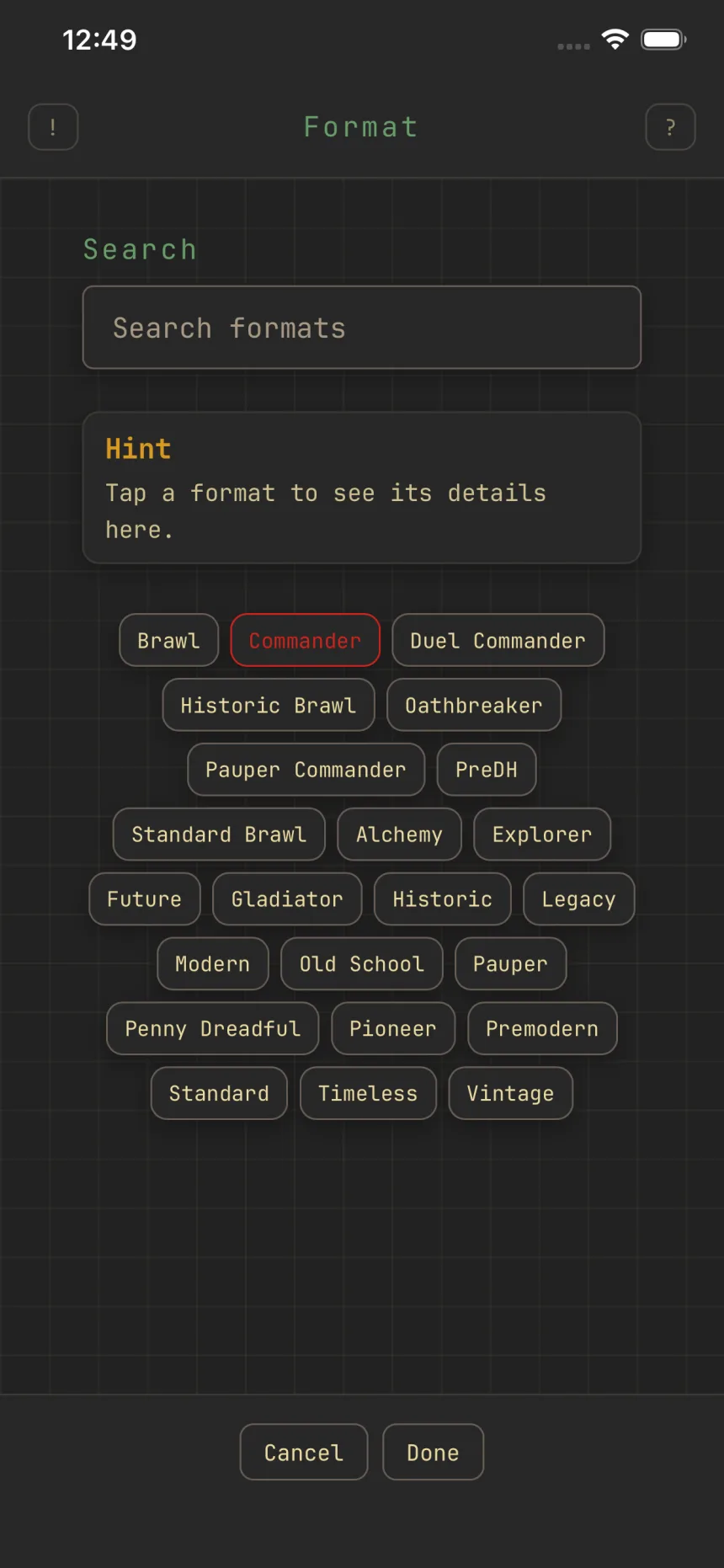 The Format picker with Commander selected, commander formats listed first