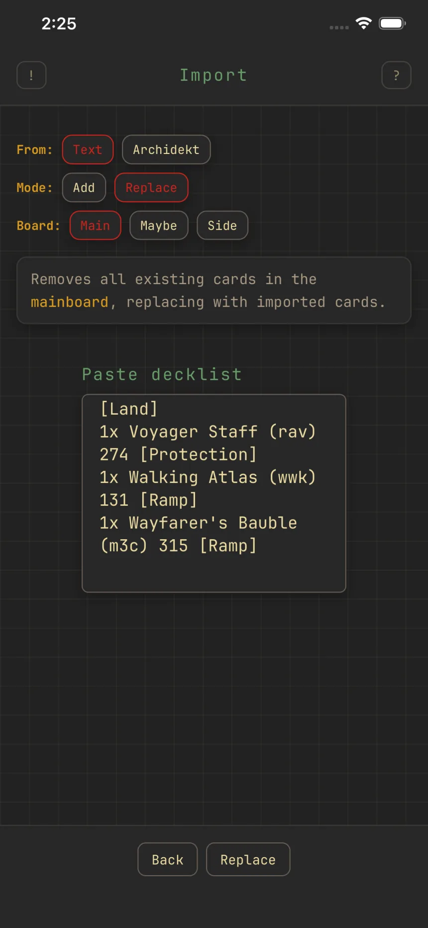 The Import screen with a decklist pasted in, the source, mode, and board chips set above it