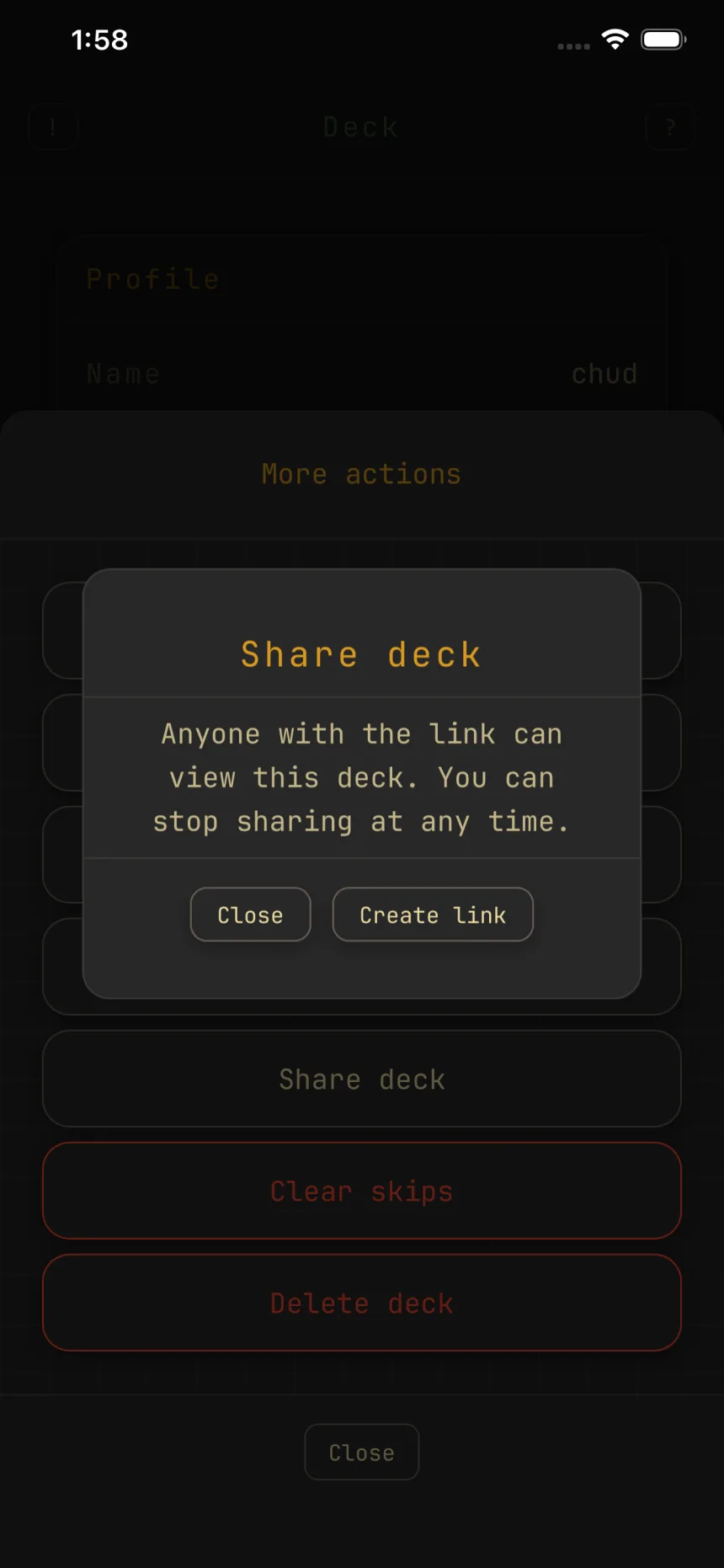 The Share deck dialog before sharing: anyone with the link can view this deck, with a Create link button