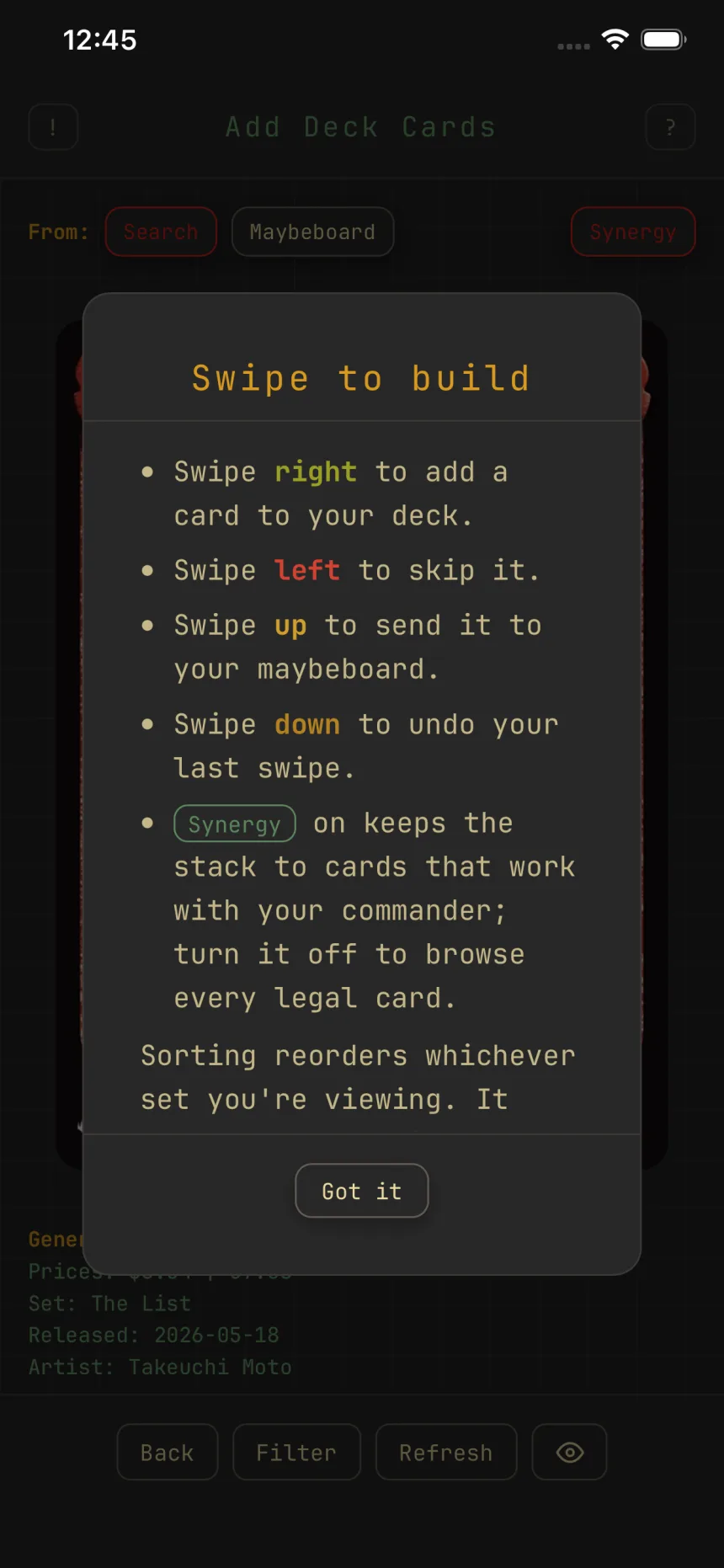 The Swipe to build hint over the add screen: the four colored directions plus the Synergy note
