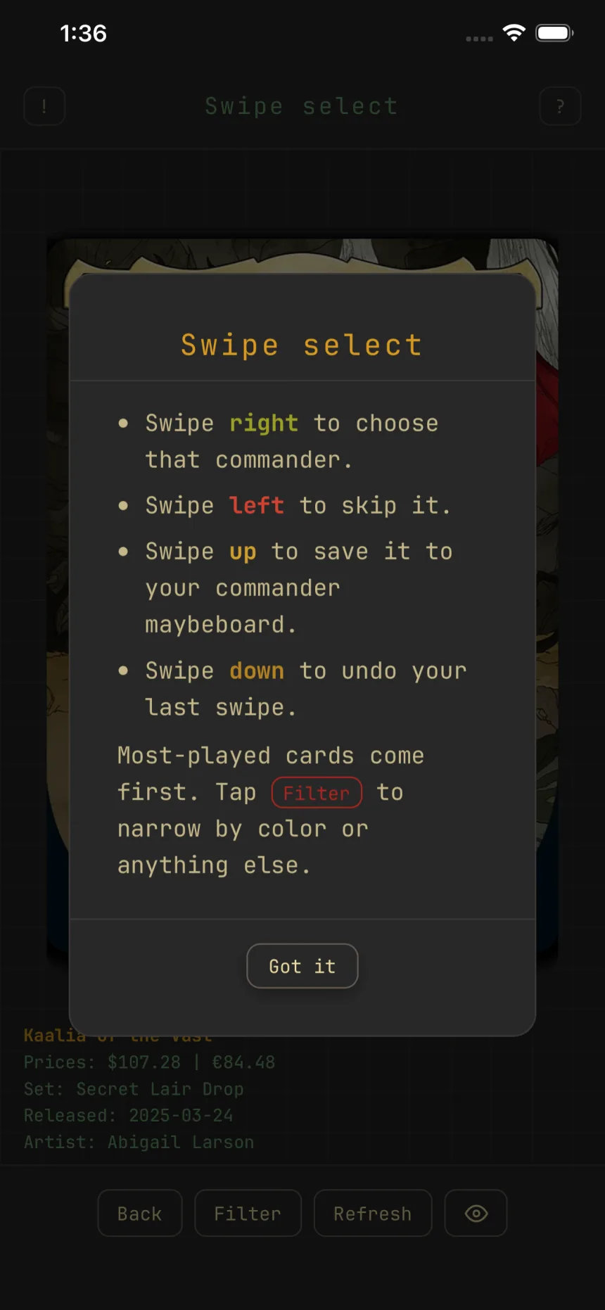 The Swipe select hint: right chooses that commander, up saves it to your commander maybeboard