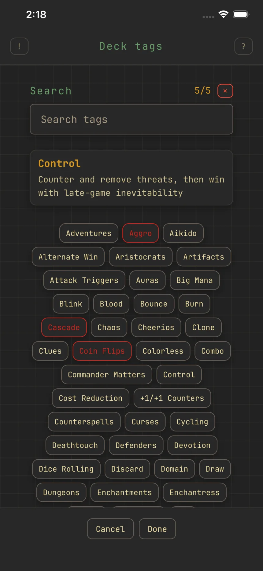 The Deck tags picker at five of five, the tapped tag's definition showing above the alphabetical list