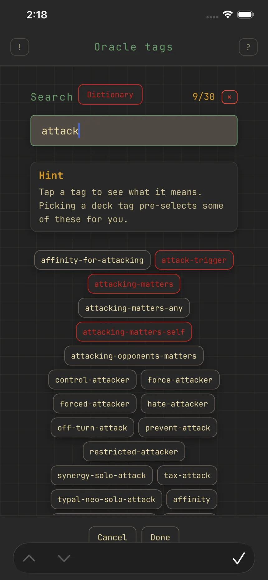The Oracle tags picker mid-search, matching tags listed with the selected ones outlined