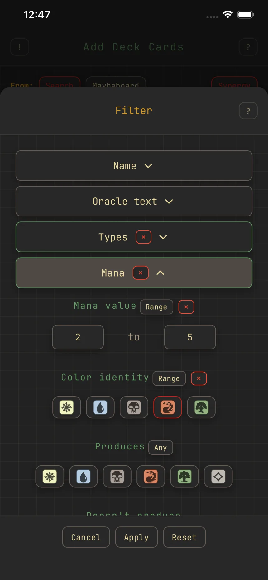 The filter sheet mid-use: Types selected, a mana value range of 2 to 5, and a red color pip picked
